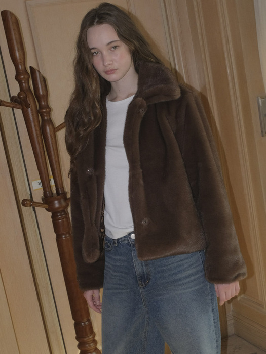 FAUX MINK FUR JACKET - BROWN