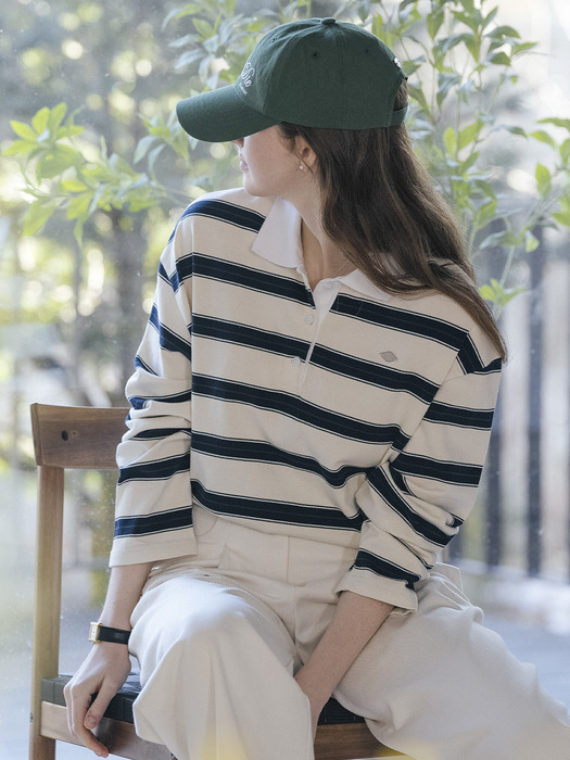 Cotton stripe base collar polo t-shirt_Ivory