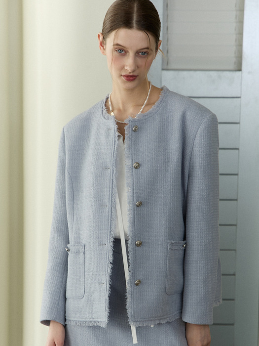 Fringe Tweed Over-fit Jacket - Blue