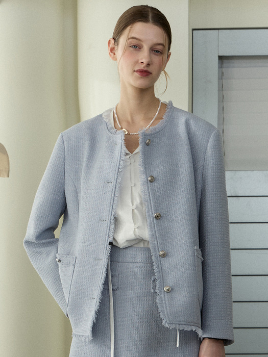 Fringe Tweed Over-fit Jacket - Blue