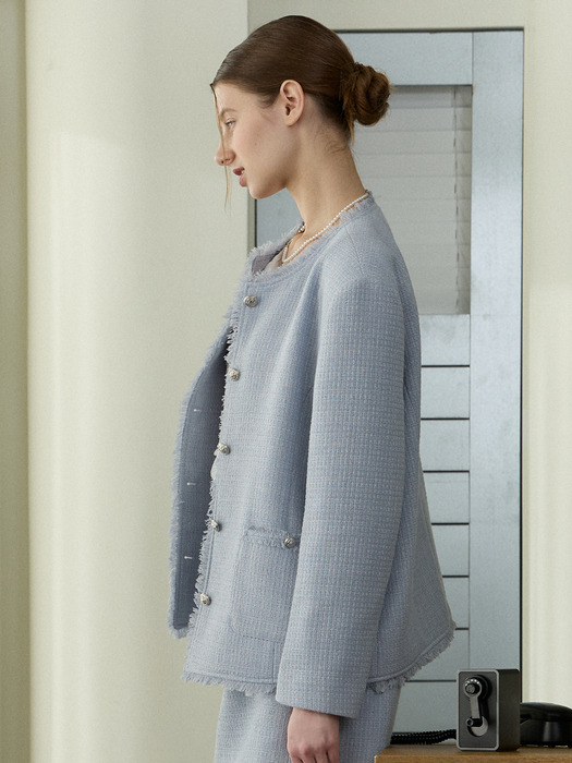 Fringe Tweed Over-fit Jacket - Blue