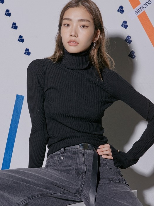 Black Flounced- Cuff Ribbed-Knit Sweater
