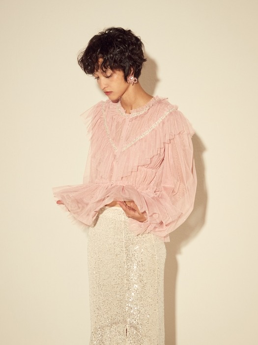SPANGLE TULLE BLOUSE - PINK/BLACK