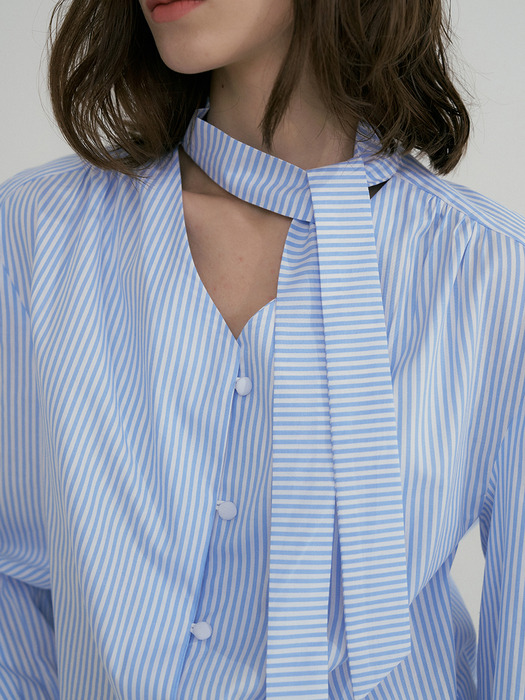 comos324 stripe ribbon v neck blouse (l/blue)