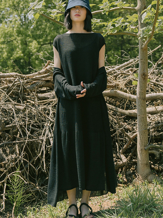 BLACK WHOLEGARMENT LINEN SLEEVELESS DRESS