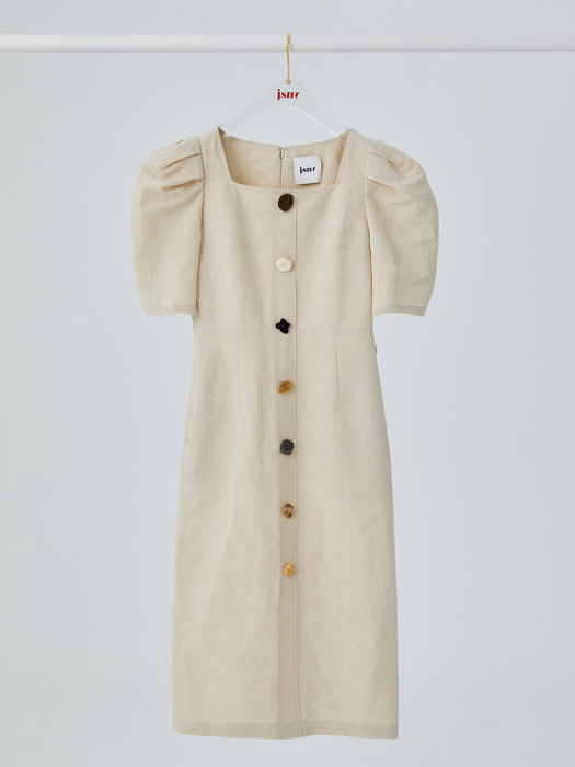 Square-neck Button point Dress [Light Beige] JSDR0B913I1