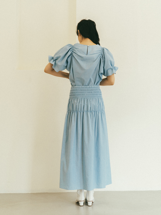 LIGHT BLUE SMOKED COTTON LONG SKIRT