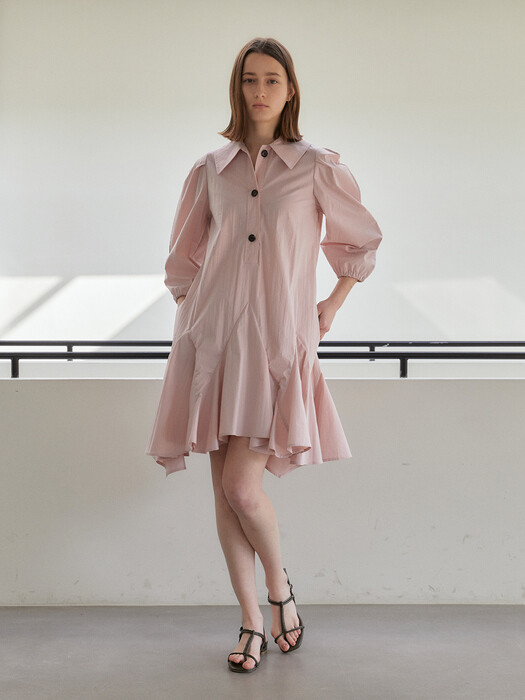 KAJA_RUFFLE & VOLUME SLEEVE DRESS WITH BELTED_PALE PINK