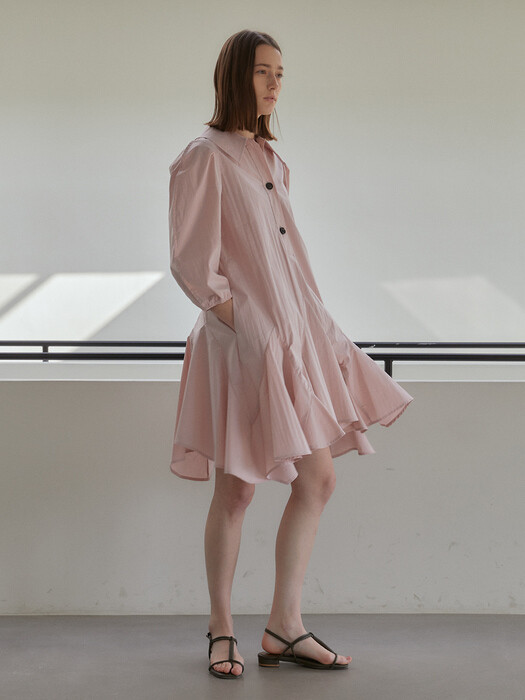 KAJA_RUFFLE & VOLUME SLEEVE DRESS WITH BELTED_PALE PINK