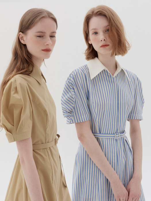 [N]HANDAM Short sleeve shirt dress (Blue stripe/Butter)