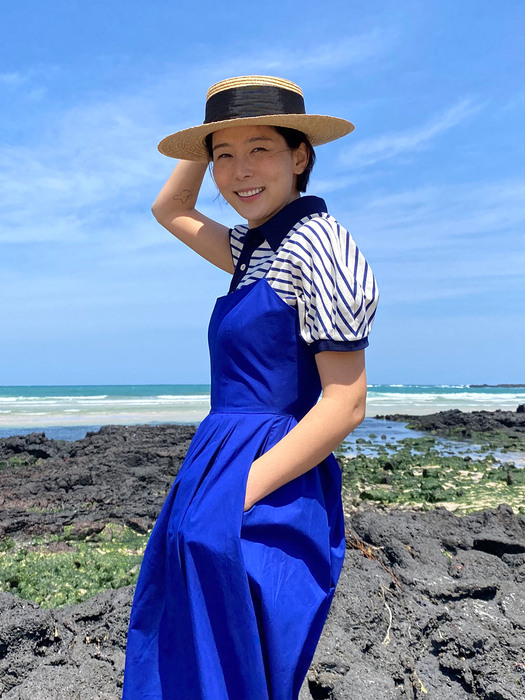 [N][SET] GIMNYEONG Collar T-shirt (Blue stripe) + SAGYE Camisole dress (Blue)
