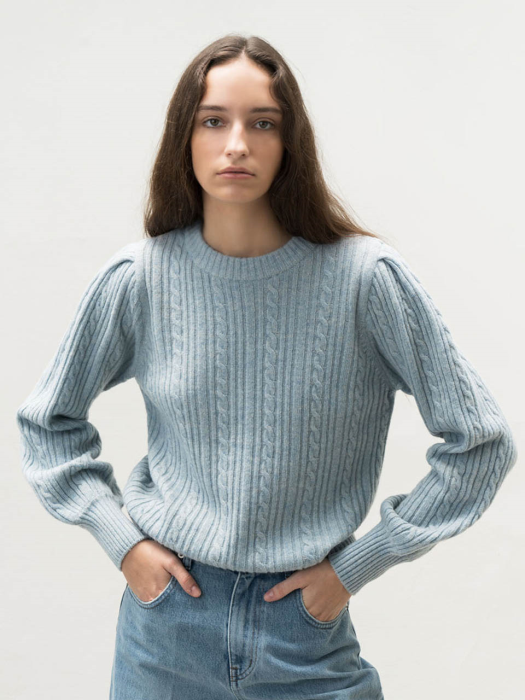 CABLE PUFF PULLOVER KNIT (BLUE )