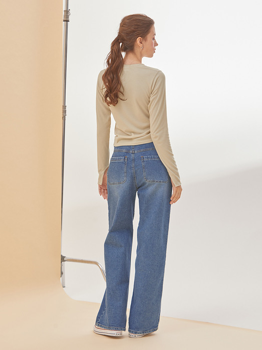 HIGH WAIST WIDE STRAIGHT DENIM PANTS BLUE