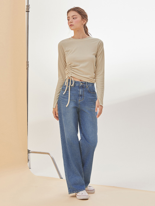 HIGH WAIST WIDE STRAIGHT DENIM PANTS BLUE