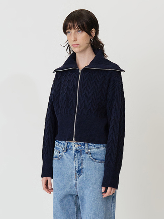 LONG-SLEEVED CABLE-KNIT TWO-WAY ZIP CROP CARDIGAN - DEEP NAVY