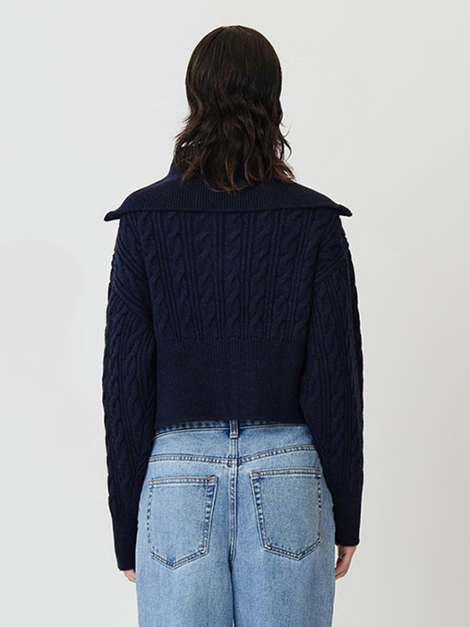 LONG-SLEEVED CABLE-KNIT TWO-WAY ZIP CROP CARDIGAN - DEEP NAVY