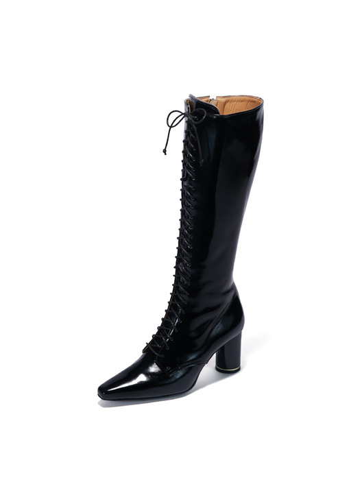 Glossy Lace-Up Long Boots_Black