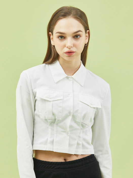WOMEN 크롭 슬림 무지 포켓 긴팔 셔츠 블라우스 [WHITE] 긴팔티셔츠 ver.