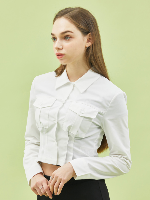 WOMEN 크롭 슬림 무지 포켓 긴팔 셔츠 블라우스 [WHITE] 긴팔티셔츠 ver.
