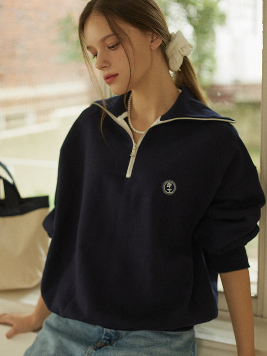 Rose Wappen Rib Block Half Zip-up Sweatshirt - Blue