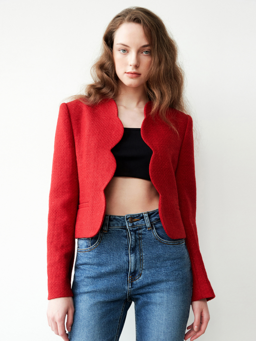 Tweed scallop crop jacket 001 Red