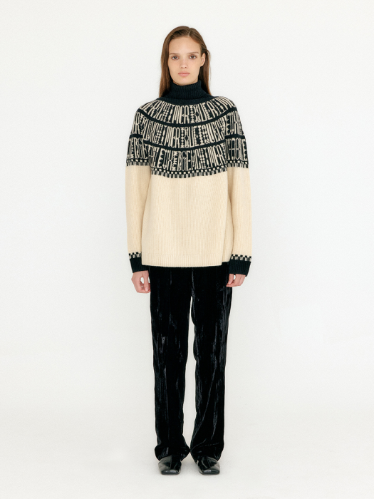 VIBBLE Paneled Lettering Jacquard Pullover - Beige/Black