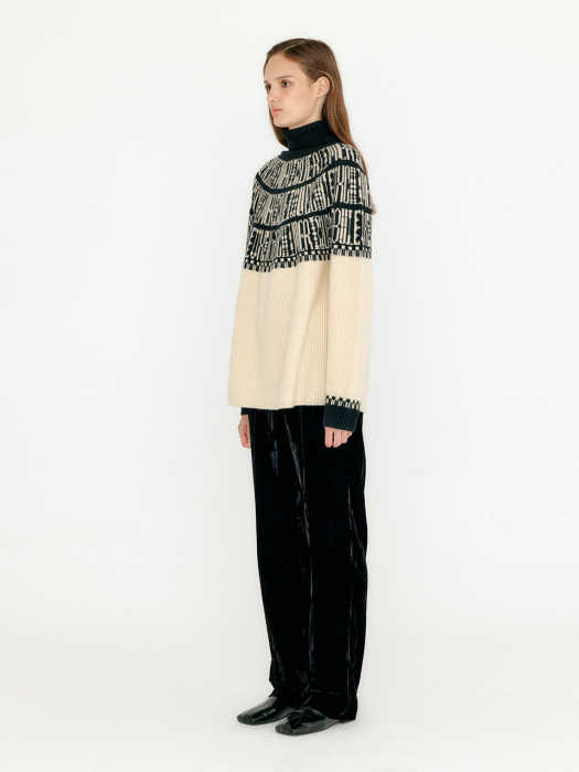 VIBBLE Paneled Lettering Jacquard Pullover - Beige/Black