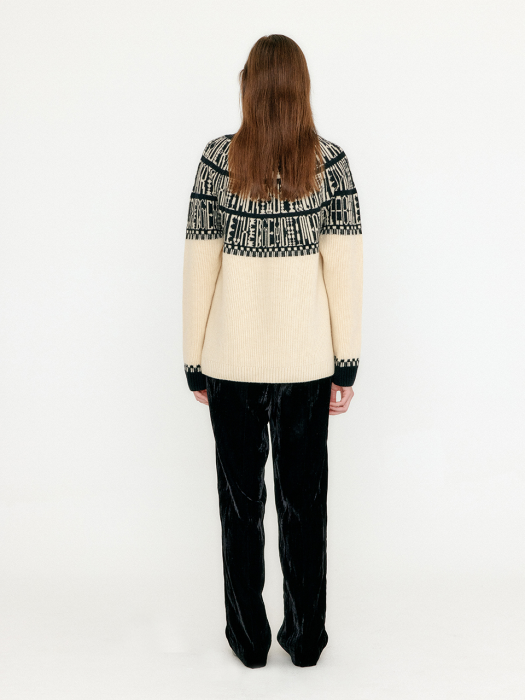 VIBBLE Paneled Lettering Jacquard Pullover - Beige/Black