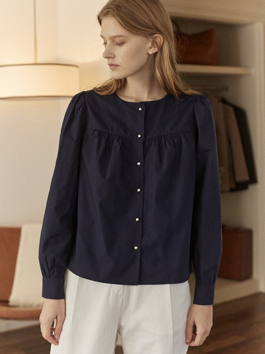 Shirring Goldish Blouse - Navy