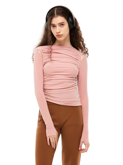 Esther Cut Out Shirring Top_Peach Pink