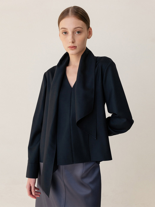 Scarf Neck Wool Blouse Dark-Navy