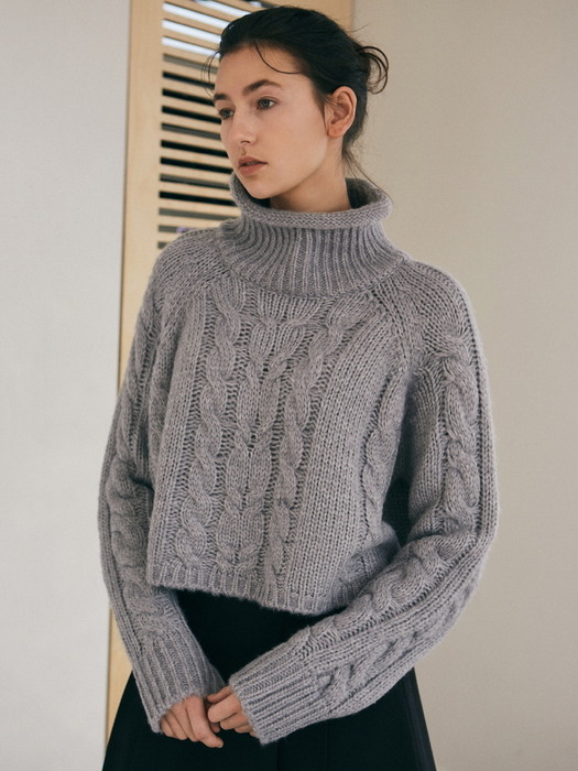 MIXED CABLE TURTLENECK KNIT_GRAY