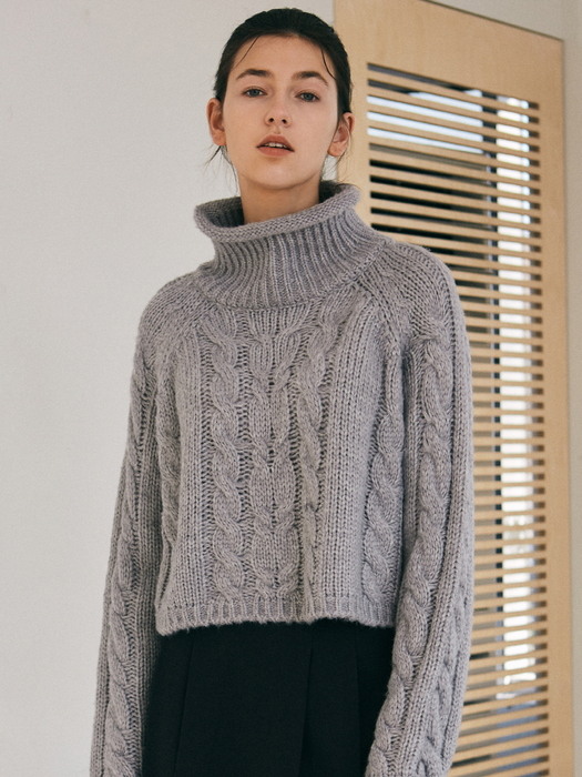 MIXED CABLE TURTLENECK KNIT_GRAY