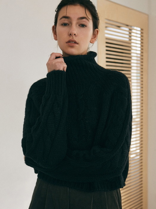 MIXED CABLE TURTLENECK KNIT_GRAY