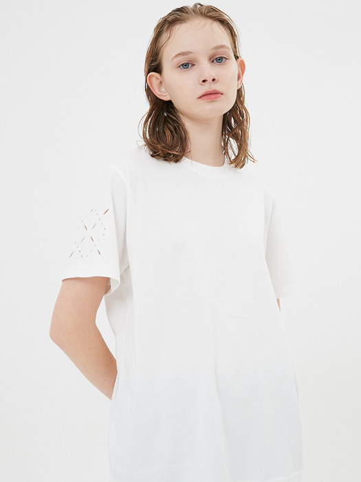 UNISEX, Argyle Hole Sleeve T-shirt / White