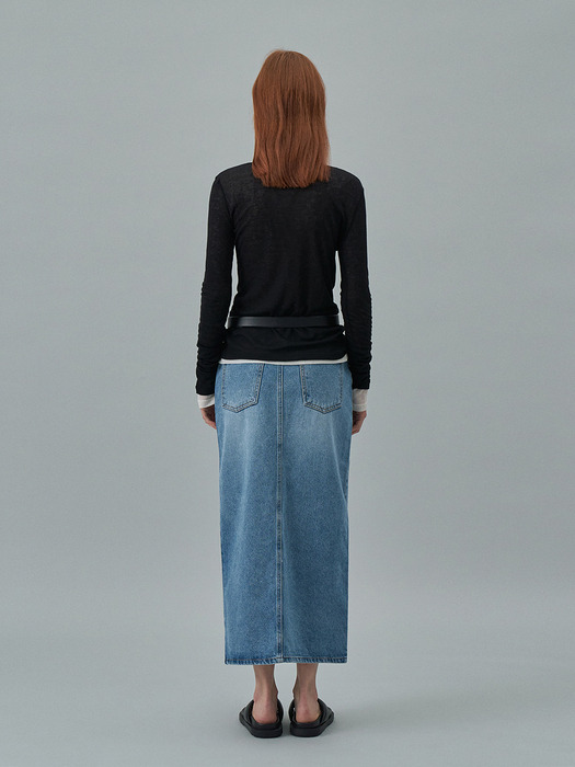 Slit Long Denim Skirt[LMBDSPDN4108]-Medium Blue
