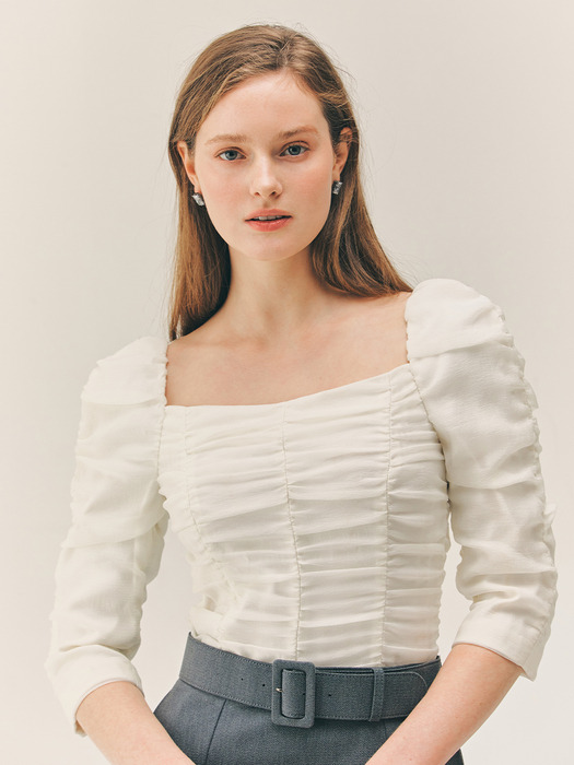 DAKOTA Square neck shirring detailed blouse (Ivory/Black/Pale pink)
