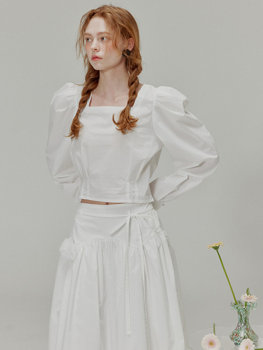 Rose brooch ribbon shirring skirt_White