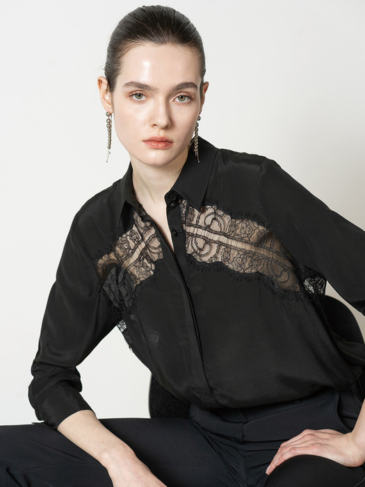 Embroidered silky blouse - black