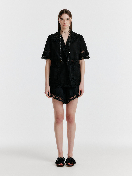 YOMITA Short Sleeve Lace-trim Shirt - Black