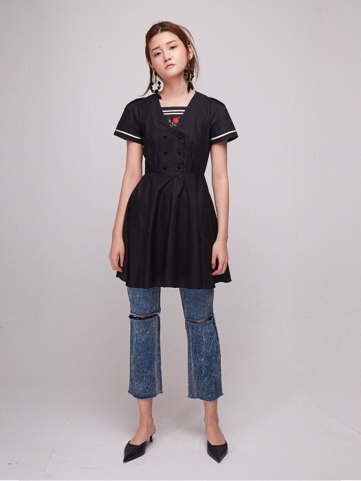 Rose Embroidery Line Mini Dress [BLACK]
