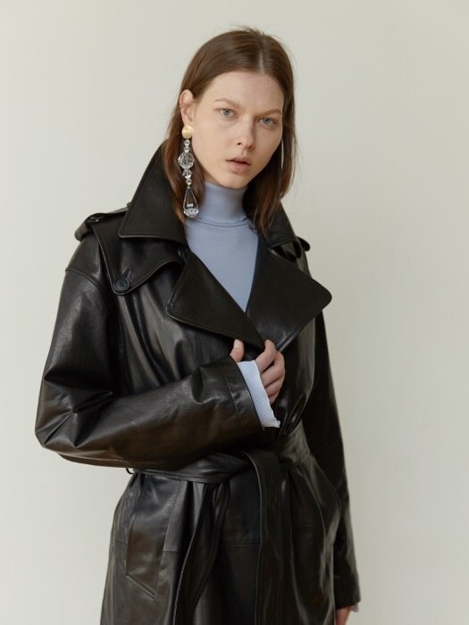 LEATHER TIE-WAIST TRENCH COAT (BLACK)