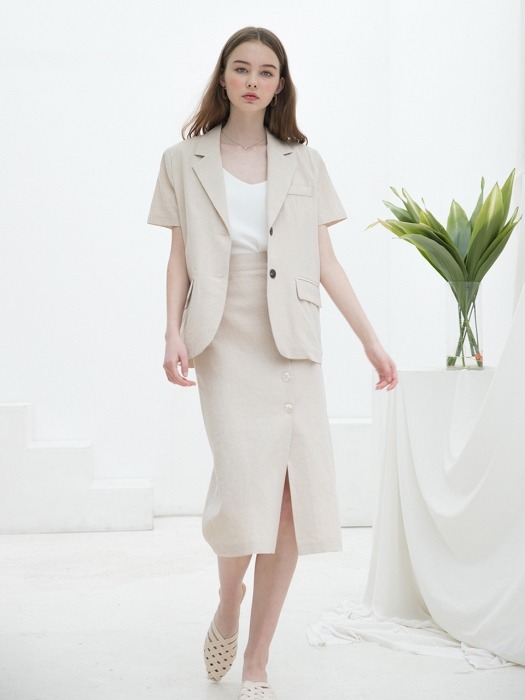 Linen Shell Button Skirt Beige