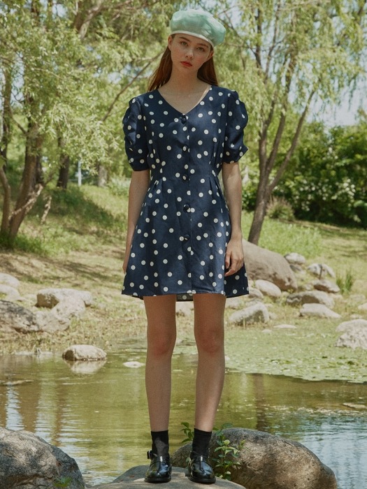 V-neck dot one-piece_navy