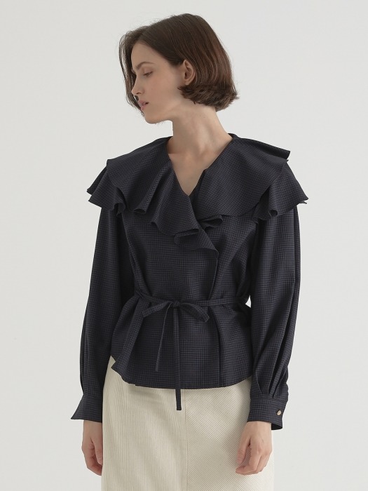 Check frill blouse - Navy