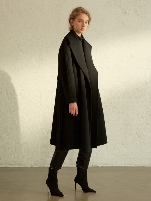 Big-collar Belted Coat _ BLACK