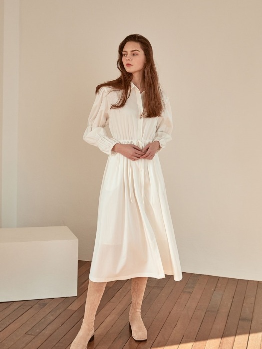 volume shirring long dress[white]