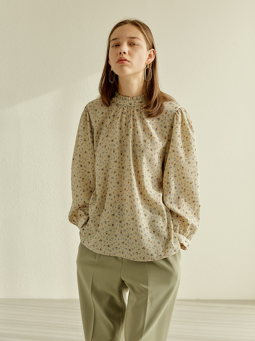 FLOWER FRILL NECK BLOUSE OLIVE