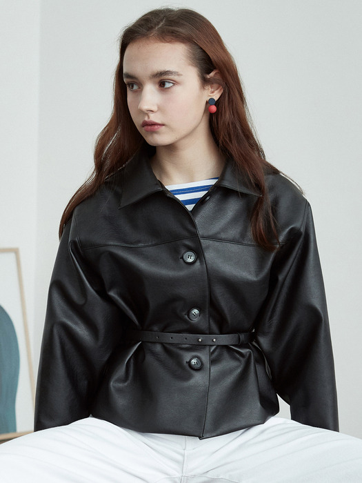 iuw658 belted fake leather jacket (black)