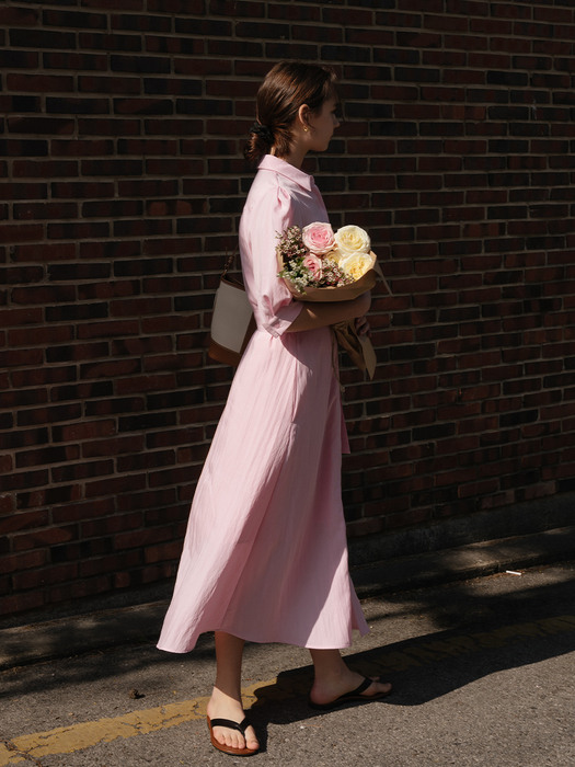 Pocket pointed belt dress in baby pink